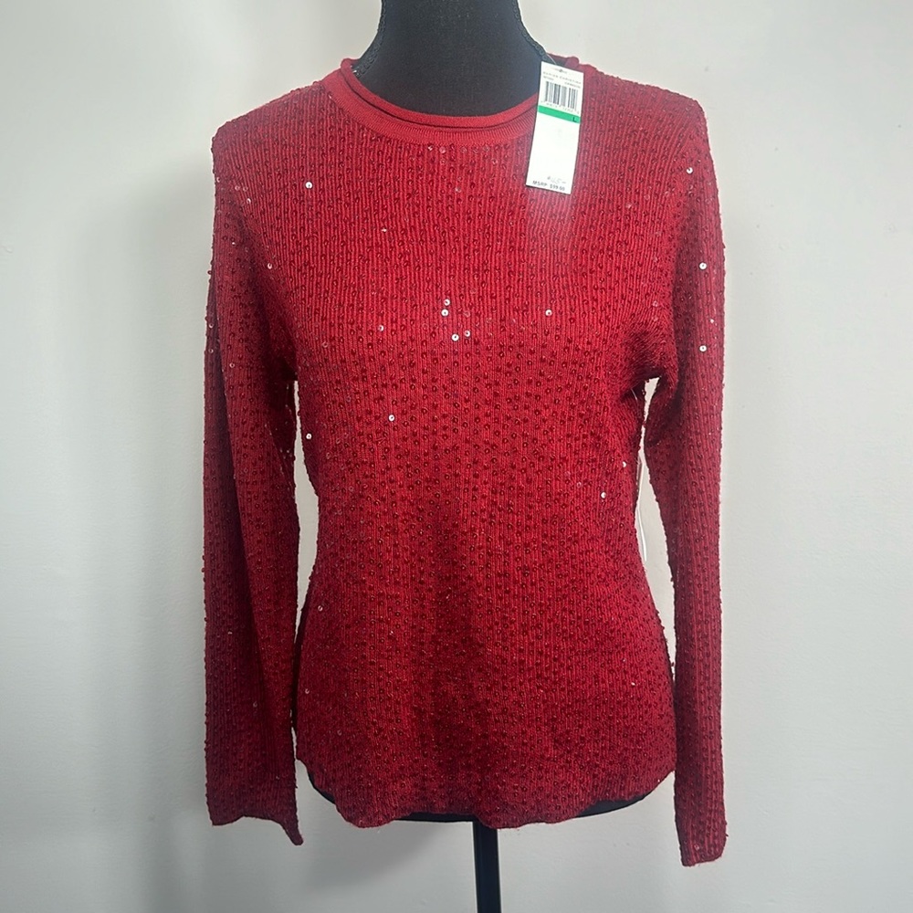 Marisa Christina Red Sequins Fitted Rib Knit Sweater size Large new with tags